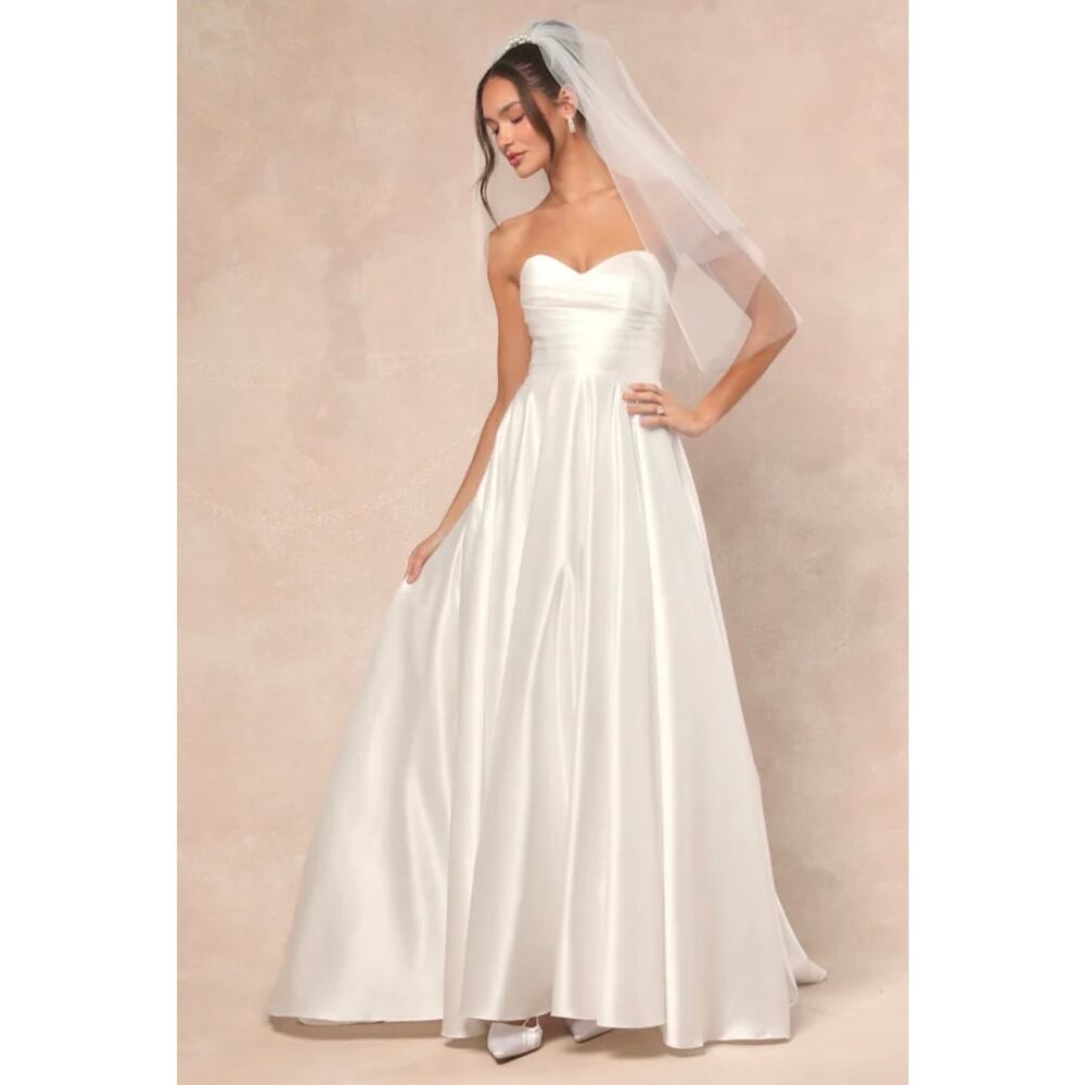 NWT! Lulus Khalida White Satin Pleated Strapless Gown S - Picture 3 of 8